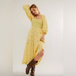 Free People Dahlia Embroidered Maxi Dress Size Medium In Butter Yellow